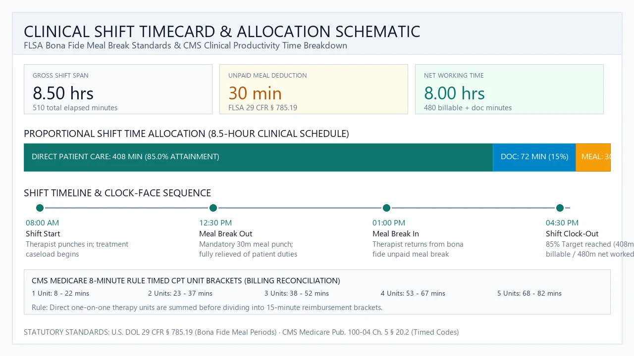 Architectural schematic diagram illustrating an 8.5-hour clinical shift division: 408 minutes of billable patient treatment, 72 minutes of documentation cushion, and a 30-minute unpaid meal break